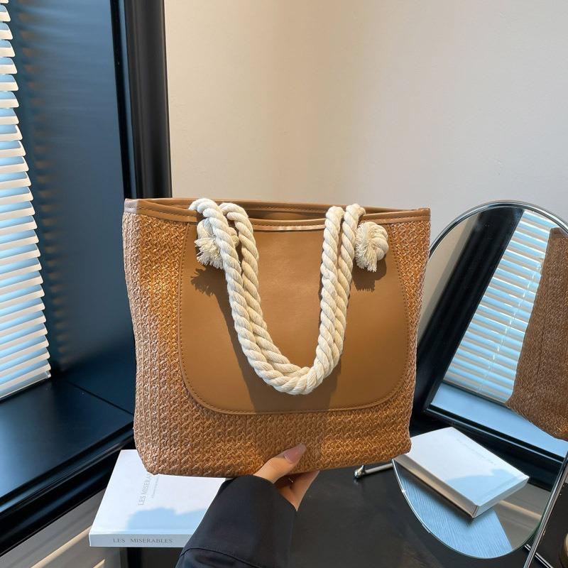 Straw Large Capacity Fashion Splicing Tote Bag Summer Commuter Shoulder Underarm Bag Tote Bag