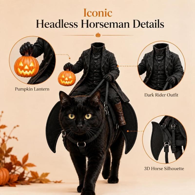 Halloweenový cosplay kostým pro mazlíčka Design 3D Bezhlavého jezdce Nastavitelný obleček pro kočky na domácí večírky