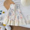 Abito estivo da bambina in pizzo senza maniche Abito con scollo all'americana floreale Abito da principessa stile vacanza