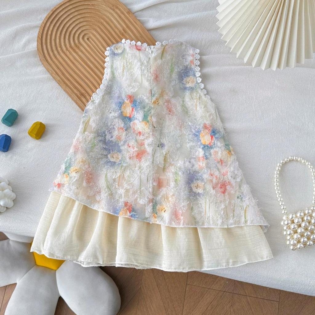 Abito estivo da bambina in pizzo senza maniche Abito con scollo all'americana floreale Abito da principessa stile vacanza