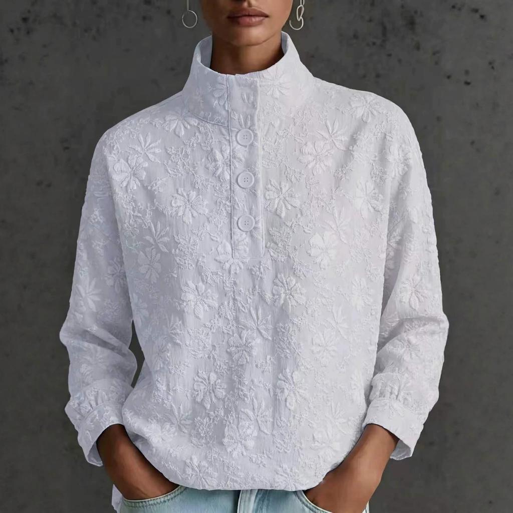 Damen Bluse mit Stehkragen, floral bestickt, Langarm, Lässig, Lockerer Schnitt, Mit Knopfleiste