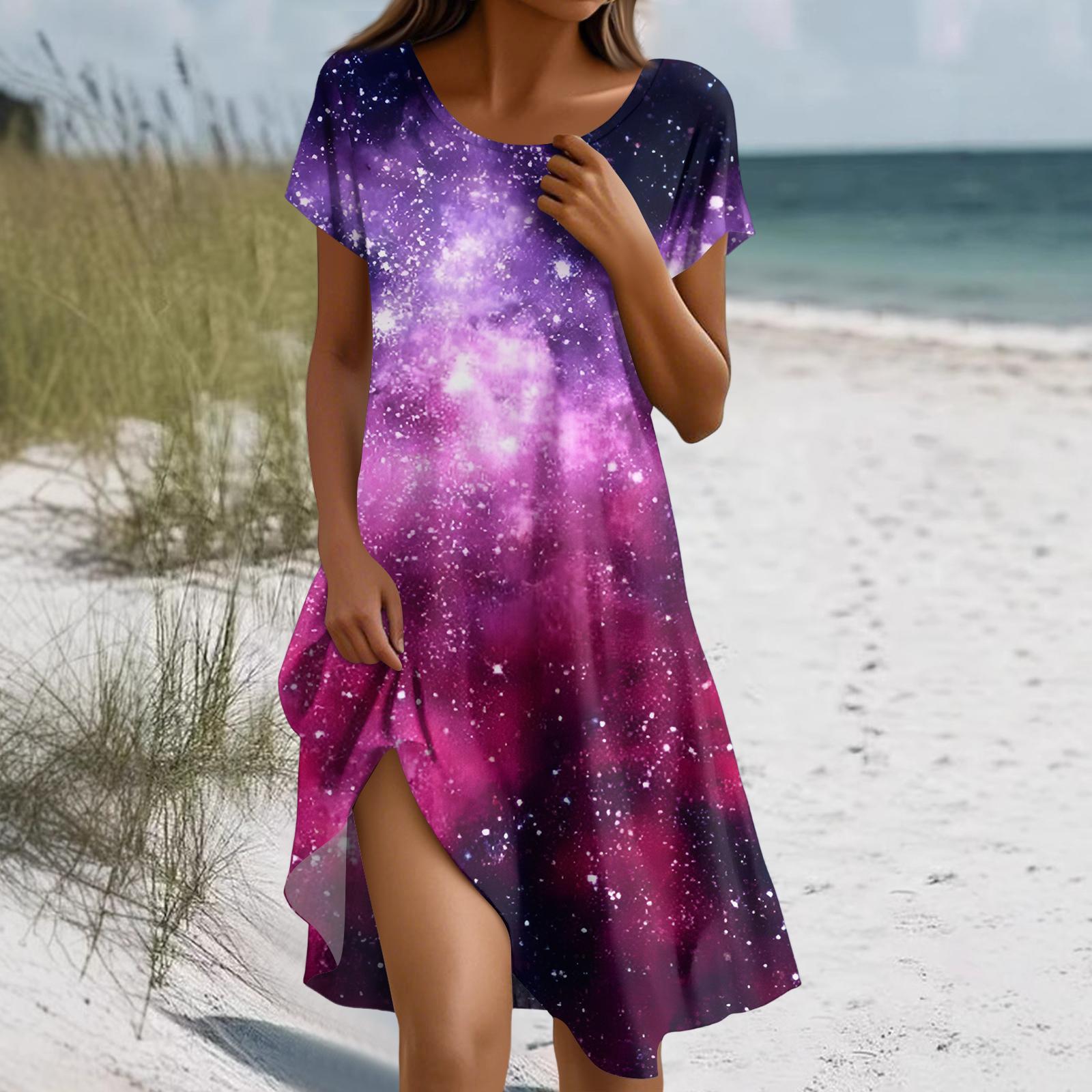 

Women s Fashion Short-Sleeve Bohemian- -Print Dress With Pockets S фіолетовий
