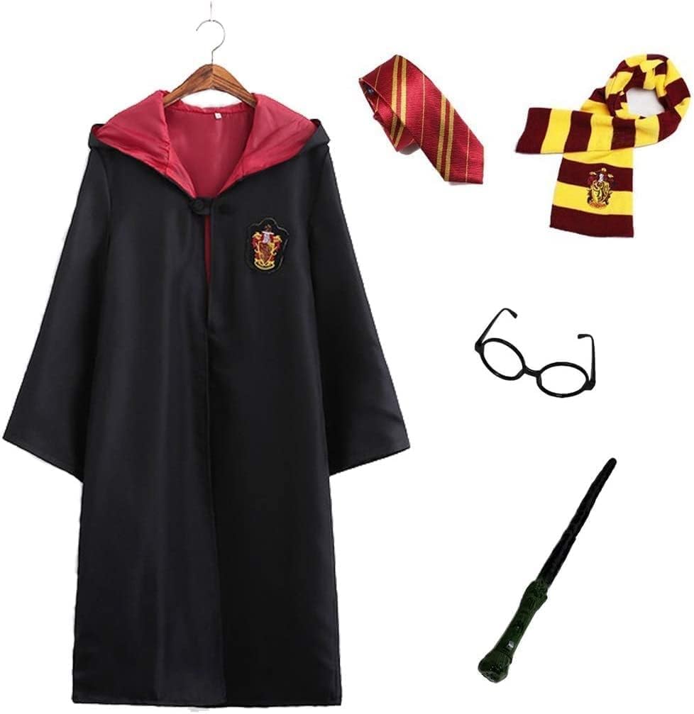 

[Iwamatu] Harry Potter Gryffindor Complete Cosplay 5-Piece Set (Robe [Size 125] + Wand + Scarf + Tie + Glasses) Costume, Unisex, 120cm-130cm