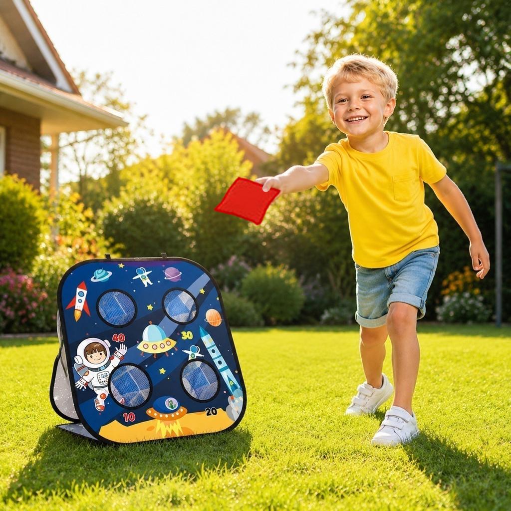 Children's Outdoor Toss Bean Bag Game Set with Space Theme Target and Hoop Board for Kids Physical Activity and Coordination Practice