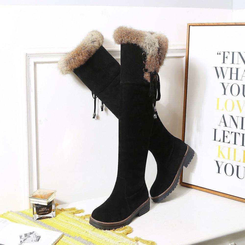 Warm Snow Boots Women Winter Shoes Suede Knee High Boots Ladies Fashion Low Heels Warm Fur Plush Long Boots Female