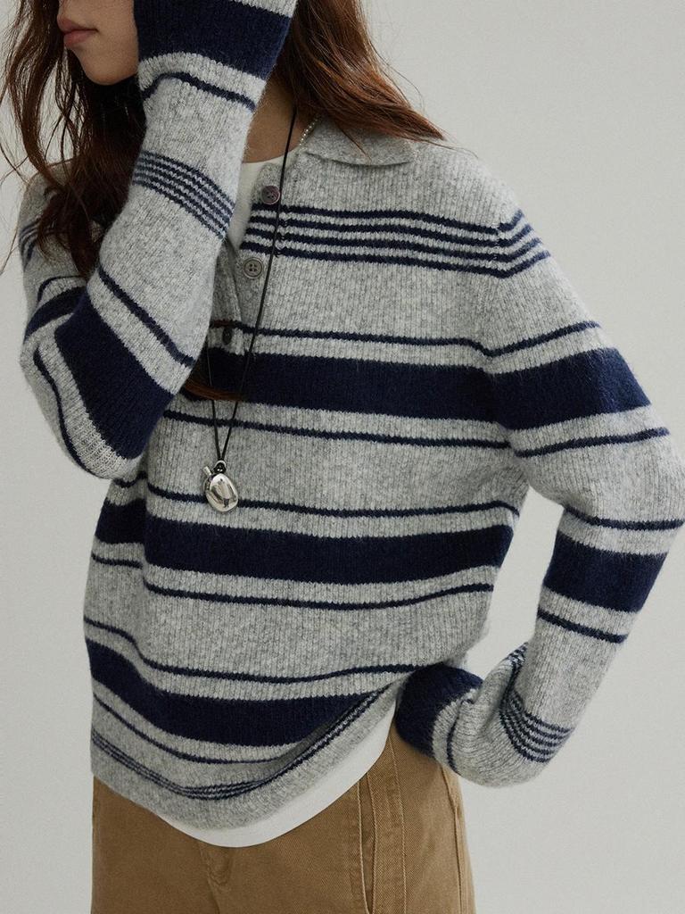 Joli Chiose Women's Striped Polo Collar Knit Sweater - Autumn Long Sleeve Casual Style