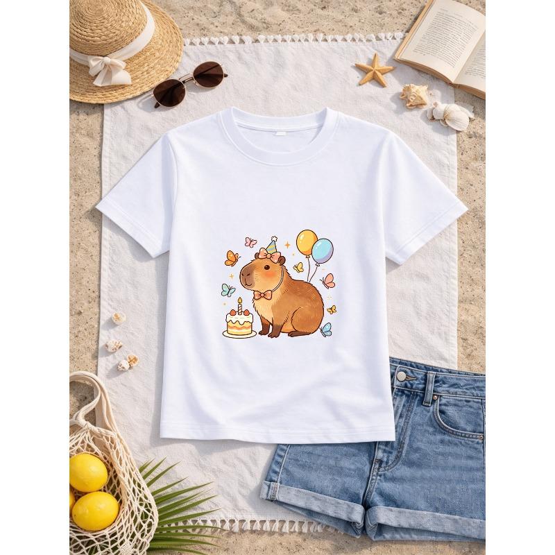 European Sizes Girls' Capybara Birthday Print Short-Sleeve T-Shirt, Kids' Summer Casual Top, Comfortable and Versatile