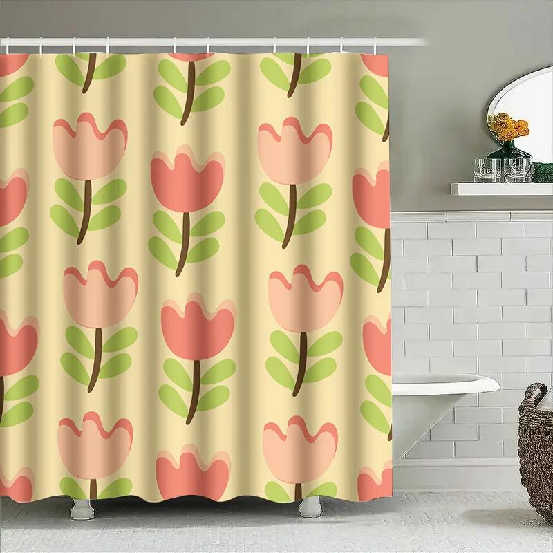 Pink Flowers Shower Curtain Home Decor Bathroom Accessories Waterproof Bath Fabric 72X72 Inches With Hooks Set (Set)