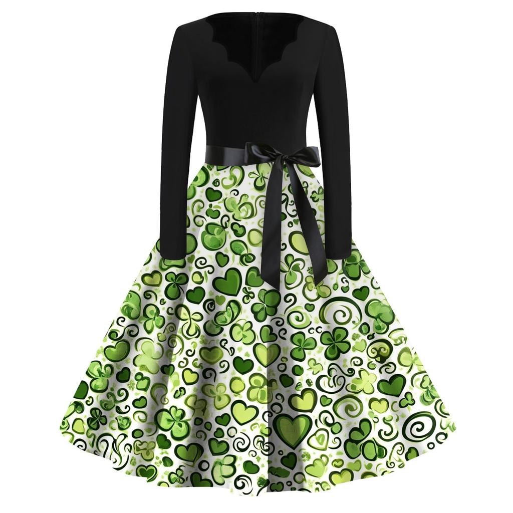 Women's Fashion V-neck Casual Slim St. Patrick Print Long-sleeved Dress