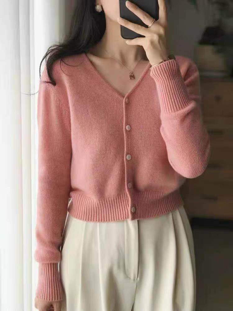 Women's V-Neck 100% Wool Cardigan - Lightweight Korean Style, Elegant Cashmere, Soft Sweater for Spring and Autumn