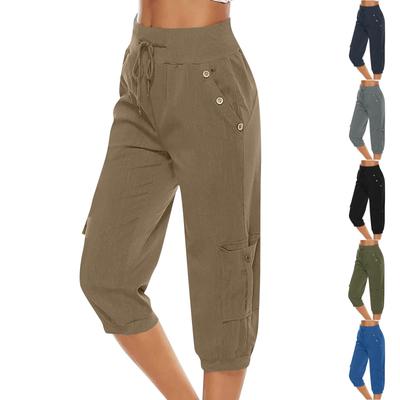 Kadın Elastik Bel 3/4 Cepli Pantolon Pamuklu Keten Rahat Bol Düz Yoga Pantolonu Jogger Pantolon