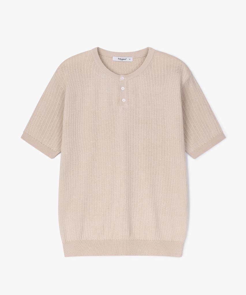 POLYGRAM Ribbed Henley Neck Short Sleeve Knit - 8 Colors (Type B)