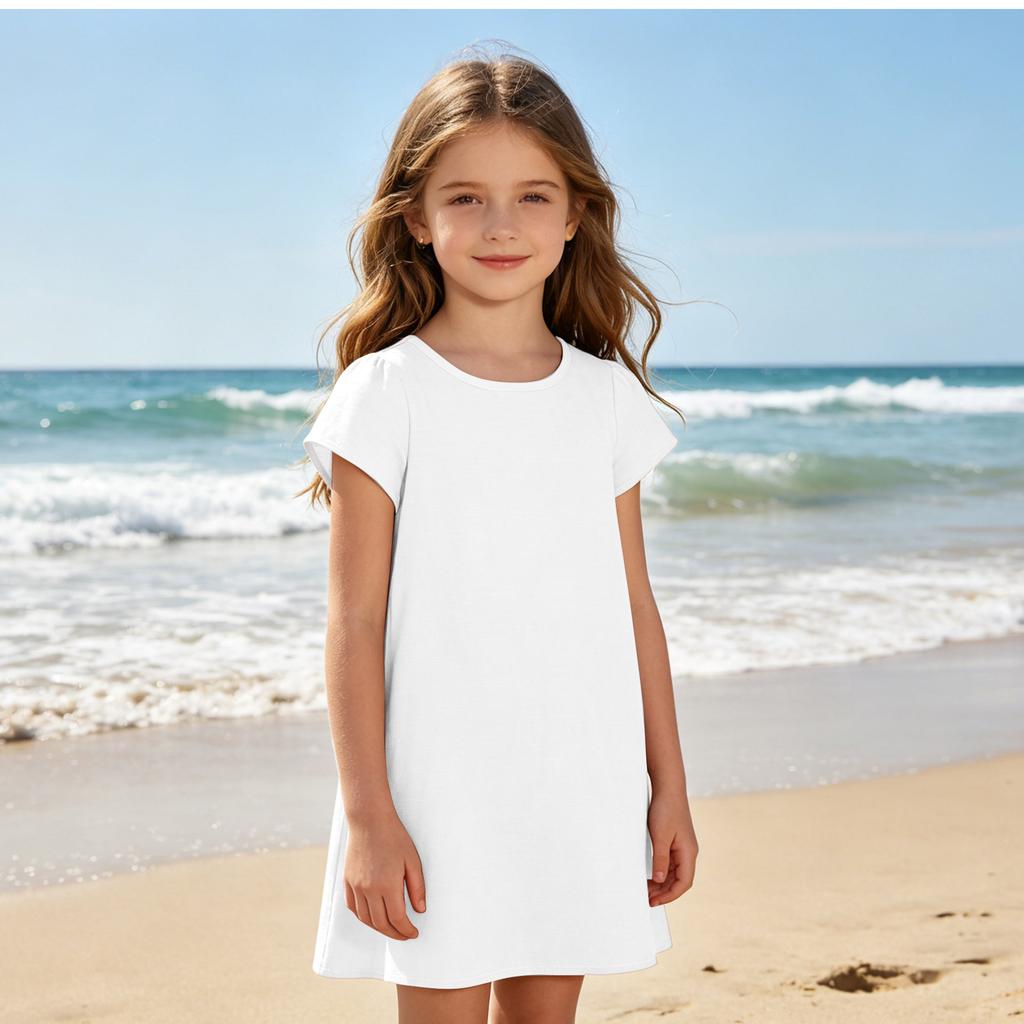 Girls Casual Short Sleeve Dress Lightweight Breathable Summer Dress Made from Cotton Linen Fabric Comfortable Fit Simple Design