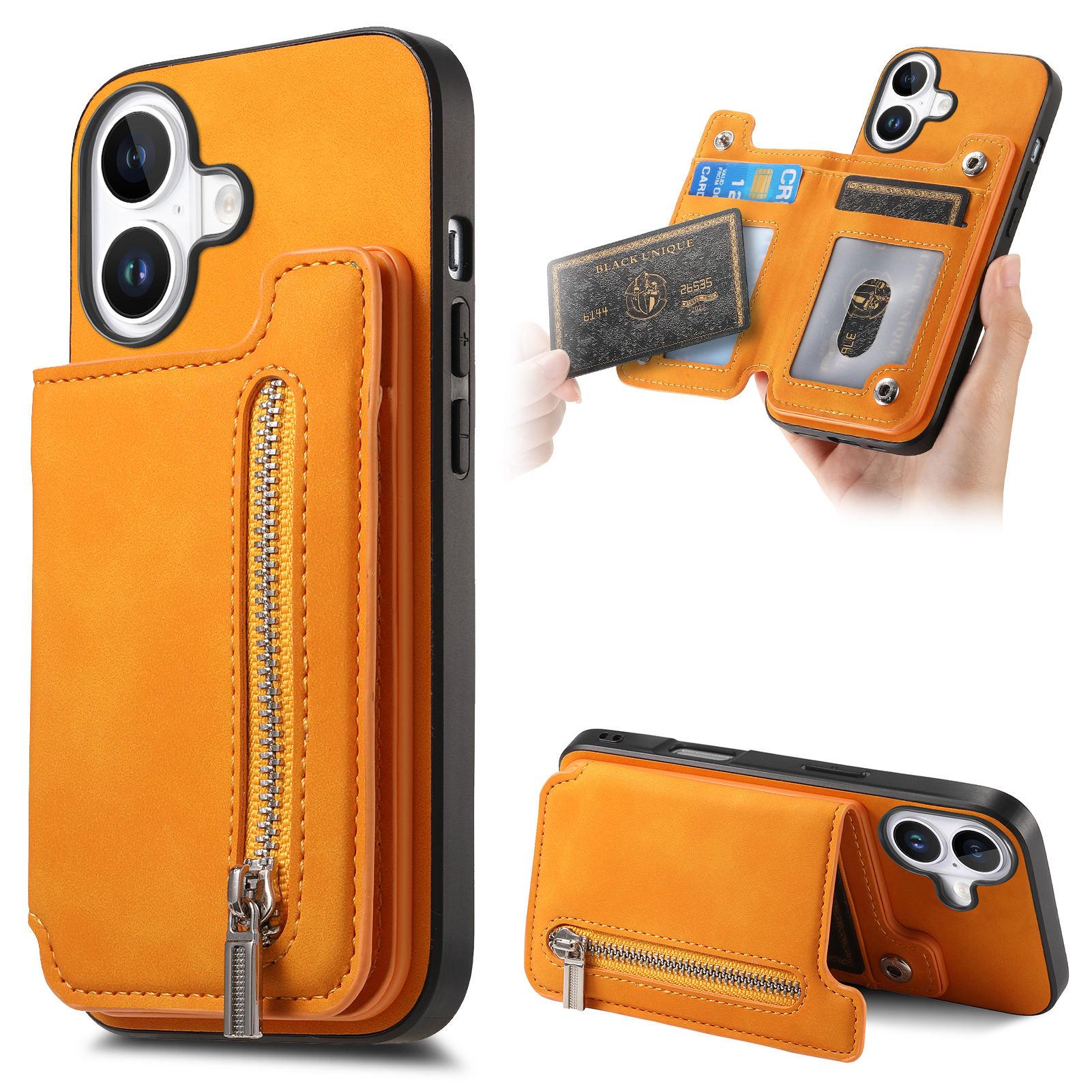 

For iPhone 16 Plus Case Magnetic Detachable Zipper Card Holder Leather+TPU Phone Cover Yellow