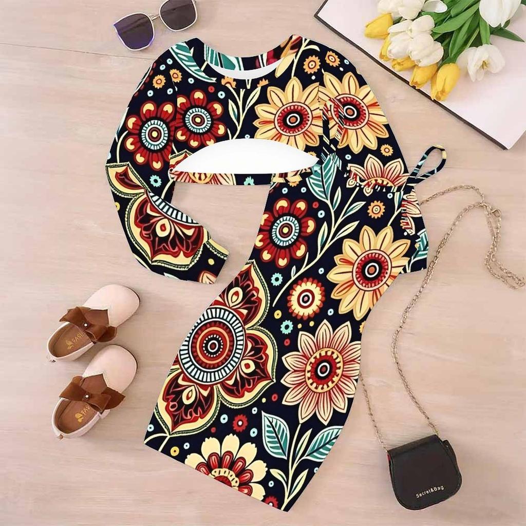 Girls Cartoon 2 Piece Outfits, Long Sleeve Crop Top + Spaghetti Strap Bodycon Dress, Ethnic Floral Print Party Dress Set