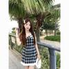 Sweet wind navy collar sleeveless lace dress women's summer new plaid age-reducing waist slim A-word skirt