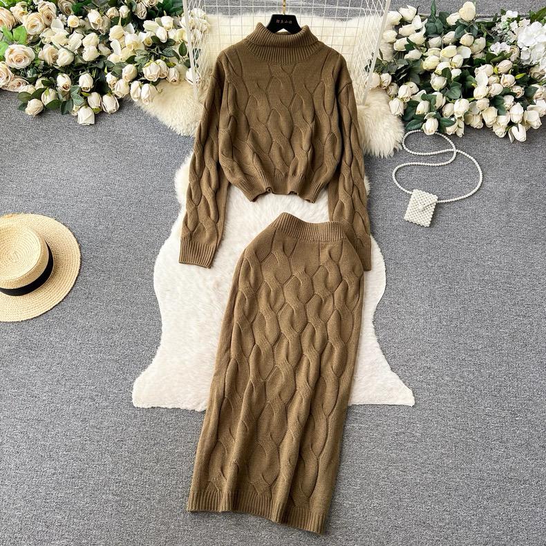 Autumn 2 Piece Set Turtleneck Sweater For Women Casual Fashion Style Chic Weave Top + High Waist Elegant Long Skirt