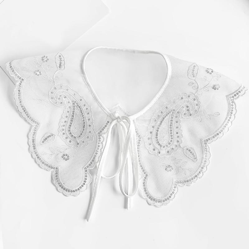 Elegant White Embroidered Flower Detachable Collar for Women Fashionable Sequins Embellished Mesh Shawl Wrap Capelet