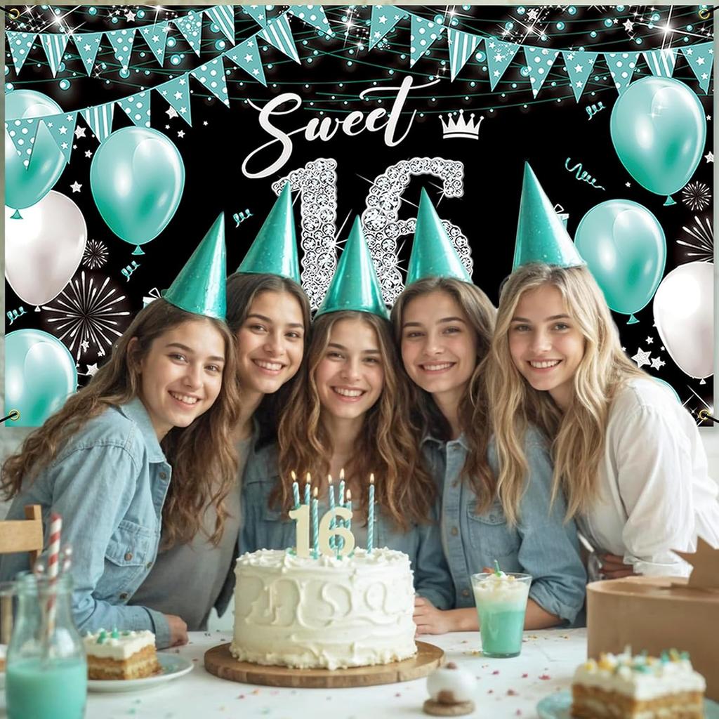 Sweet 16 Party Decorations, Fabric Happy 16th Birthday Banner Backdrop, Sweet Sixteen Birthday Decorations for Girls, Turquoise 16 Birthday Yard Sign