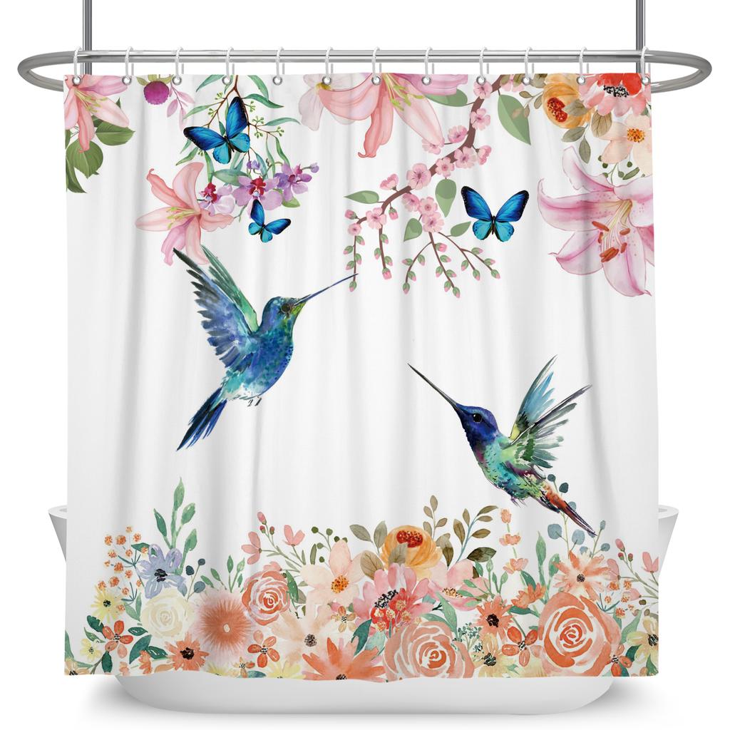 Vintage Bird Flower Shower Curtain with Hooks Artistic Peacock Floral Design Chinese Style Waterproof Polyester Bathroom Curtain