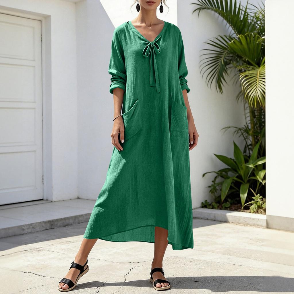 Women's -color V-neck Long-sleeved Loose Cotton And Linen Dress