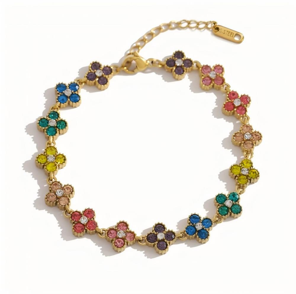 Colorful Flower Zircon Inlaid Bangle 316L Stainless Steel Gold Plated Adjustable Bracelet Minimalist Charm Jewelry Gift