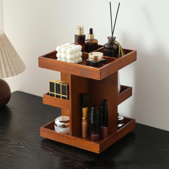 Storage Rack Cosmetic Organizer Large Capacity Multi-Layer Design 360-Degree Rotatable Wood Perfume Shelf Display Holder