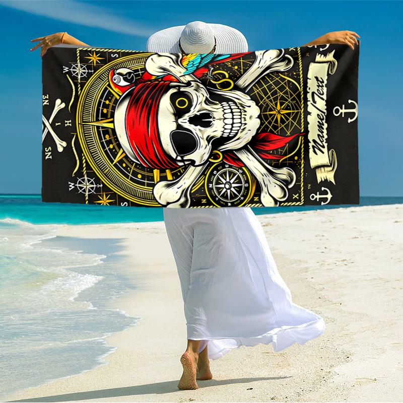 1PC Custom Name Pirate Skull Adventure Beach Towel Highly Absorbent And Sand-Resistant Towel for Swimming, Pool, Yoga, And Travel Lightweight