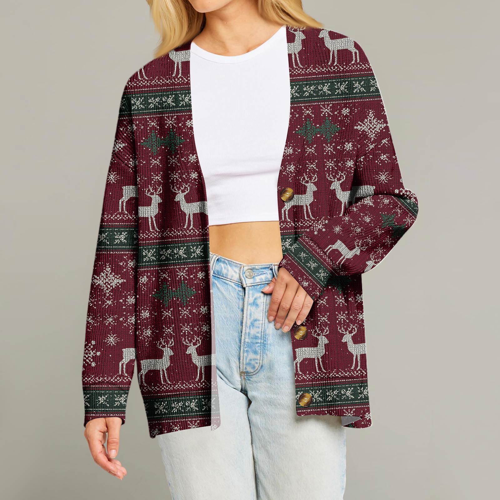 

Женский модный кардиган с длинным рукавом, V-образным вырезом, на пуговицах, свободного кроя, с рождественским принтом XL винный