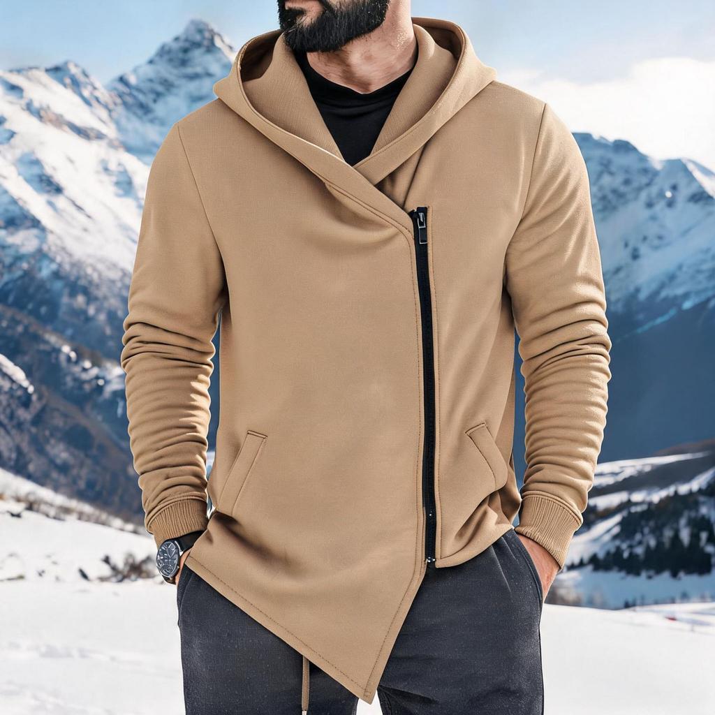 Men Fleece Hoodies Asymmetric Diagonal Zipper Sweatshirt Autumn Winter Casual Long Sleeve Hooded Jacket