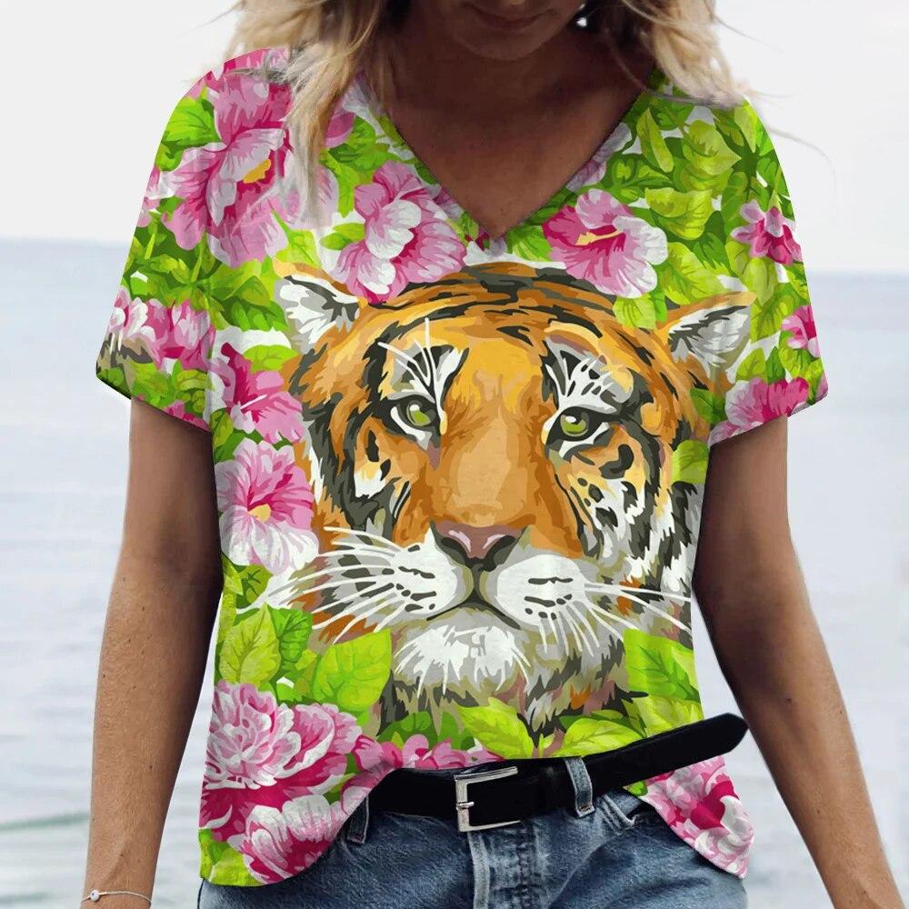 

Нова жіноча футболка з 3D-квітами і тваринним принтом Топи з короткими рукавами Футболка Повсякденний вуличний одяг Пуловери Літній жіночий одяг великого розміру 8XL