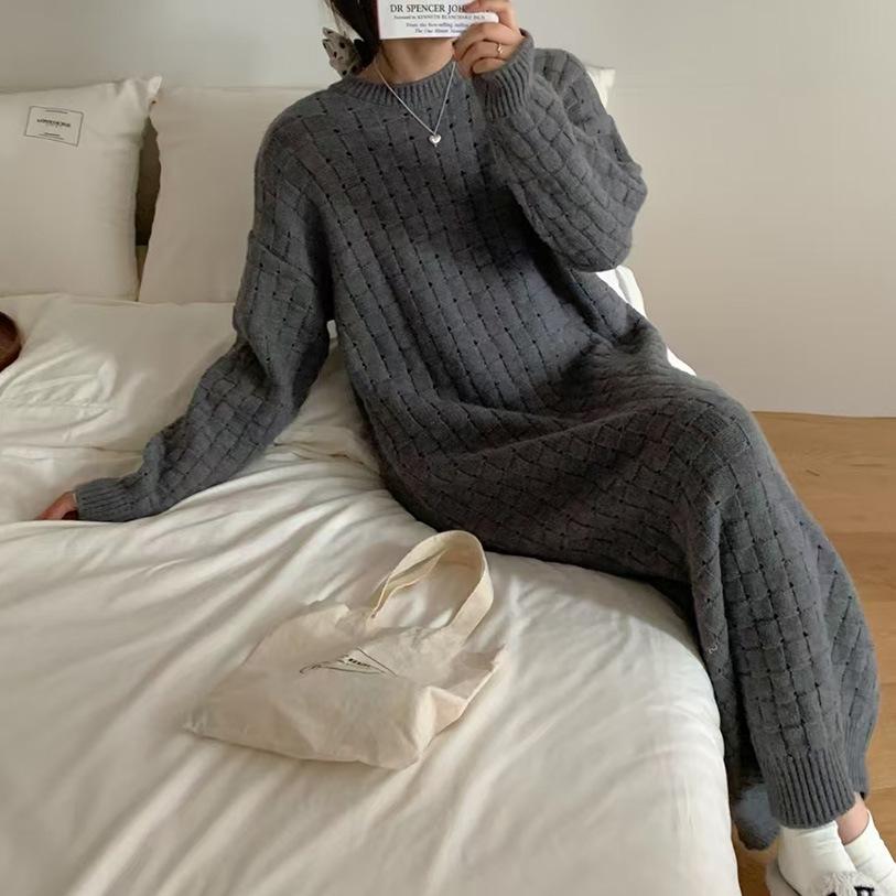 Crew Neck Plaid Solid Color Sweater Long Dress Women's Loose and Lazy Autumn and Winter New Knitted Bottoming Dress
