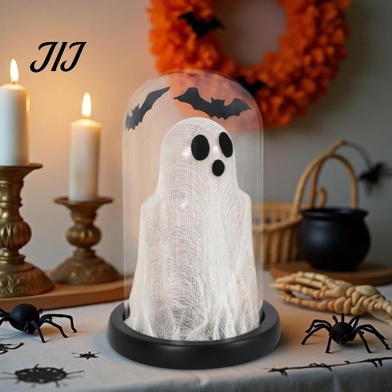 Tabletop Halloween Decor Light Up Ghost in Dome Cloche, Cute Night Desktop Centerpiece for with Bats Home Kitchen Mantel Holiday Party Wireless