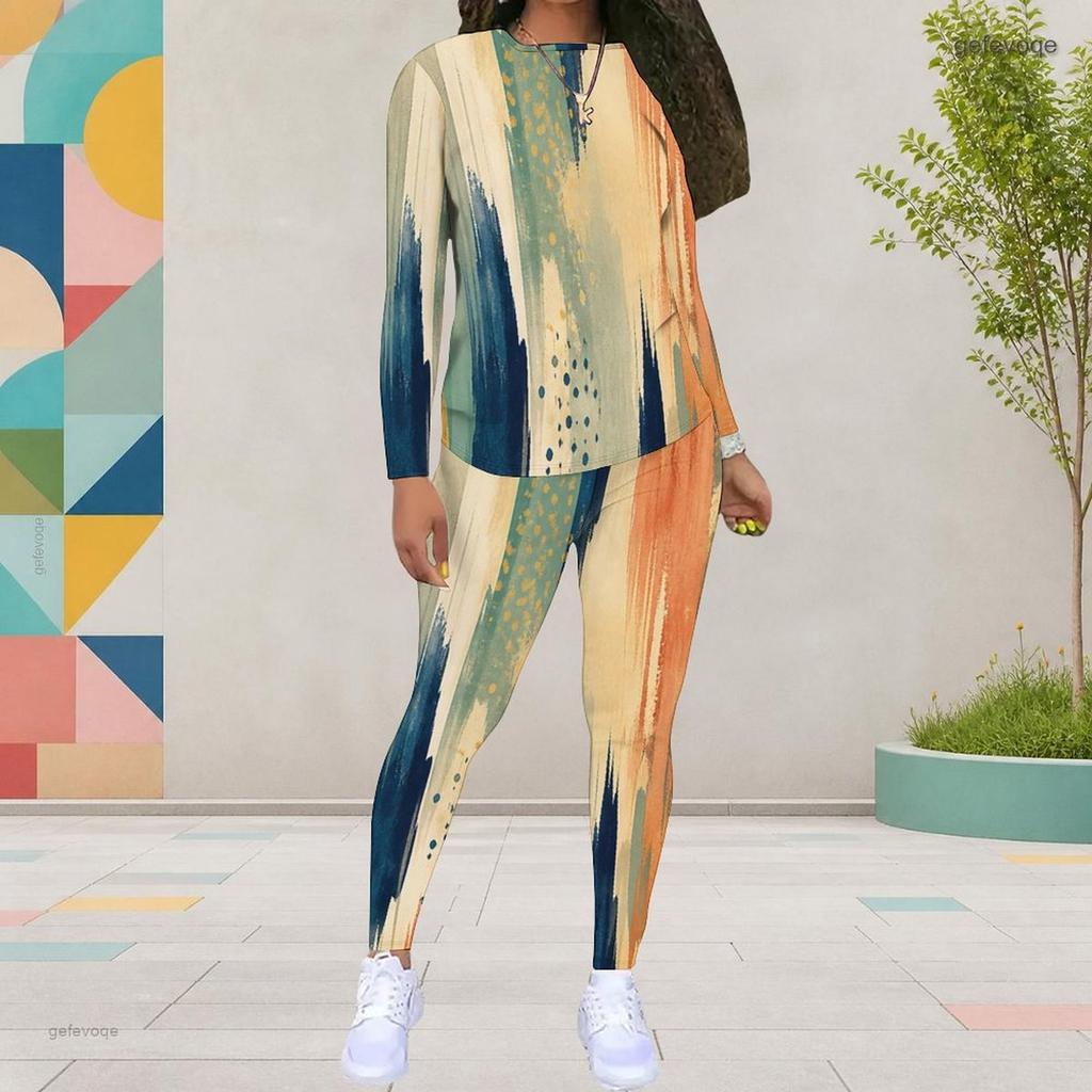 Women Plus Size Dark Blue Printed Round Neck Long Sleeve Top And Fitted Pants Two Piece Set