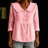 Women's Casual Long Sleeve Button Down Shirt Loose Fit Cotton Linen Blouse with Ruffle Doll Collar and Elastic Waist for Everyday Wear