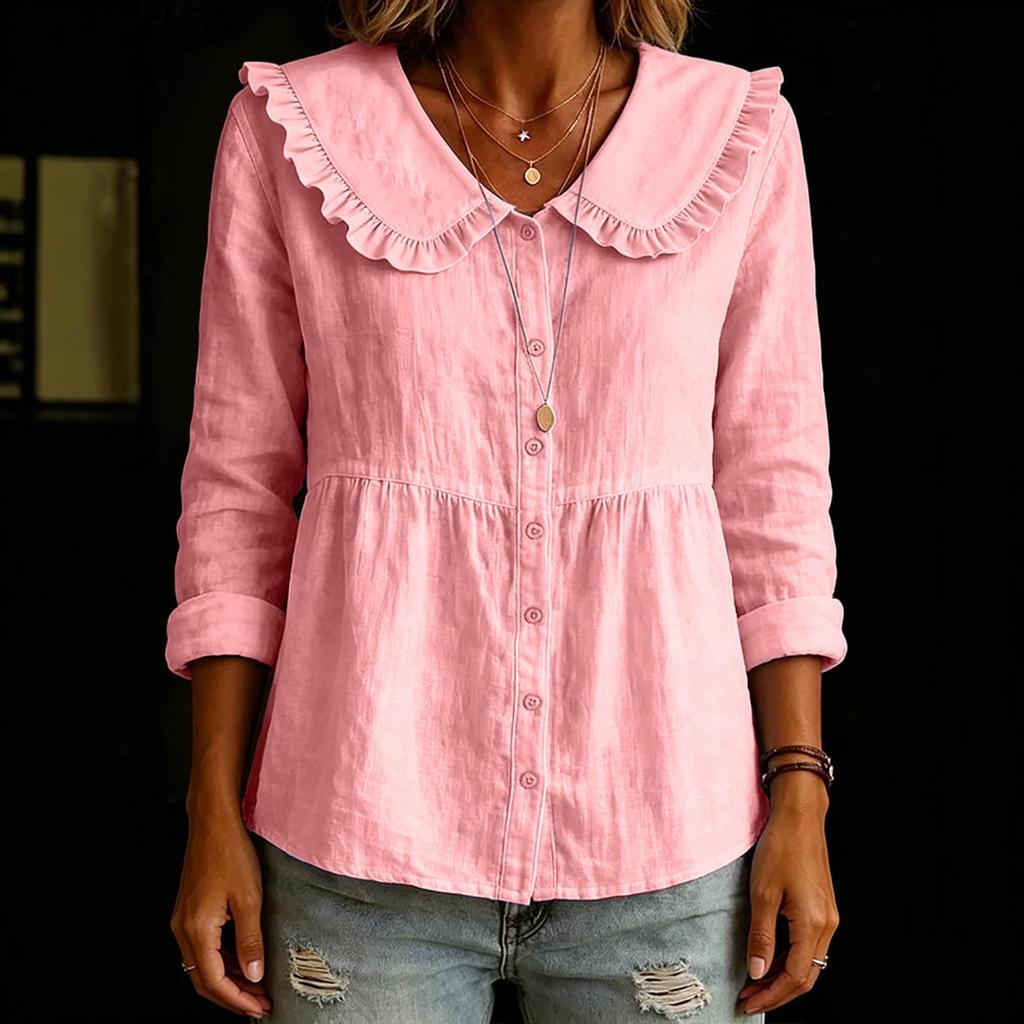 Women's Casual Long Sleeve Button Down Shirt Loose Fit Cotton Linen Blouse with Ruffle Doll Collar and Elastic Waist for Everyday Wear