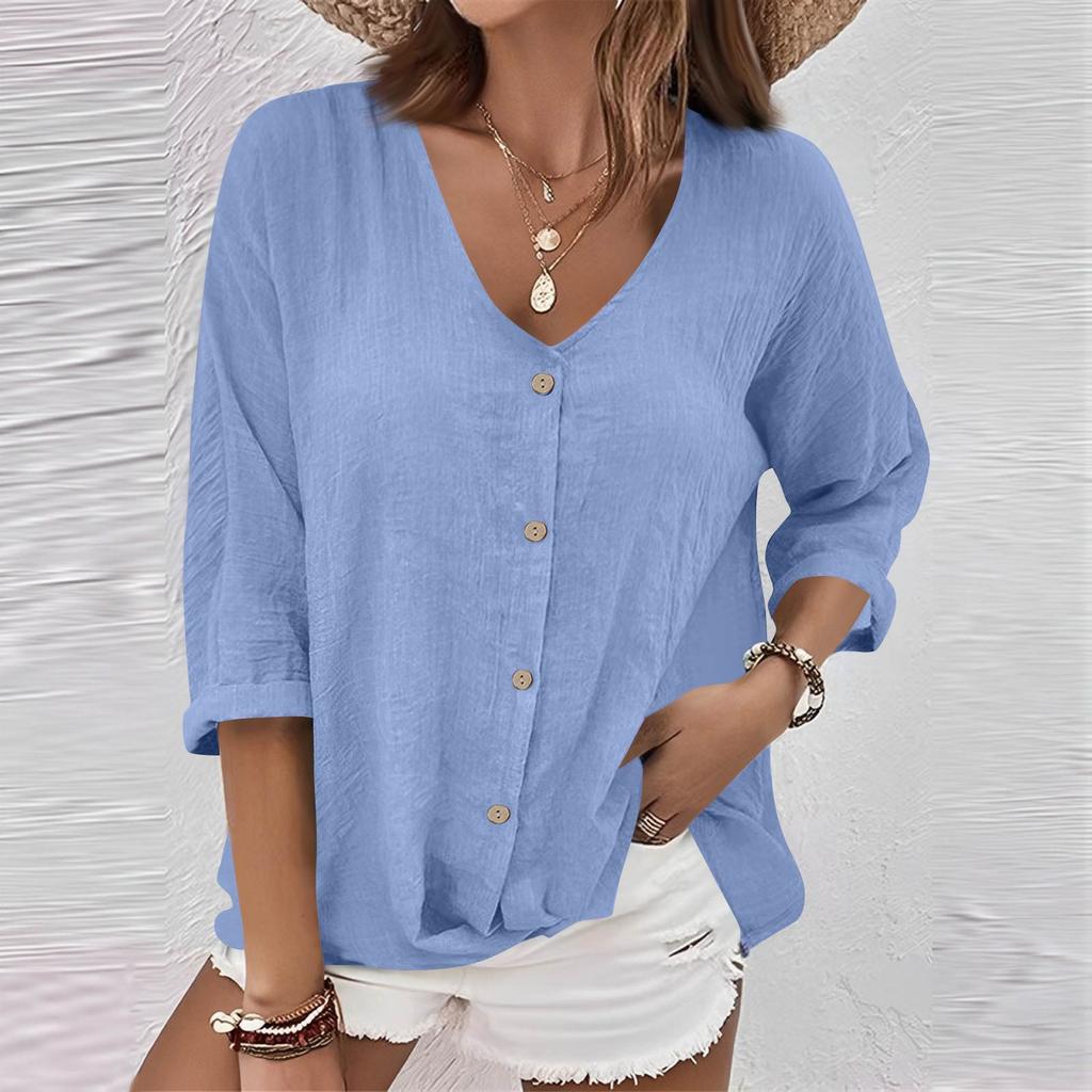 Women's Fashion Casual Color V-Neck Live Button Seven Sleeve T-Shirt Top