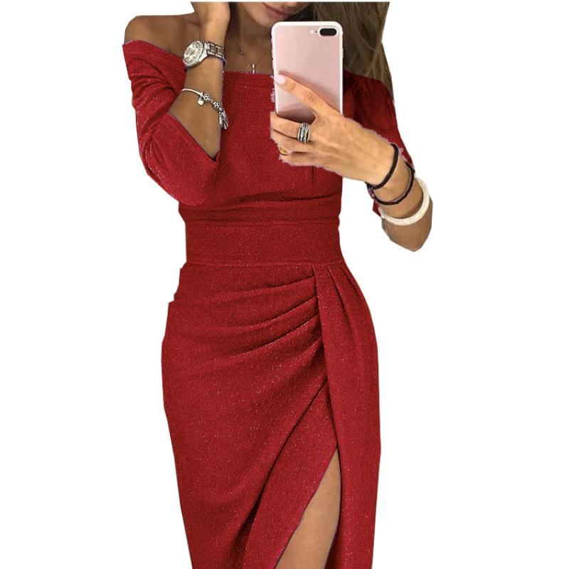 

Женское миди-платье бодикон с открытыми плечами 2025, Вечернее платье с блестками и разрезом, с деталями в виде оборок, Сексуальное формальное банкетное платье с длинными рукавами XL красный