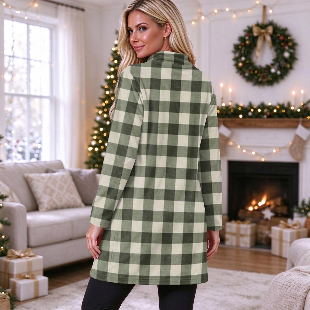 Women's Flannel Plaid Print Pullover Top with Pocket, Long Sleeve Neck