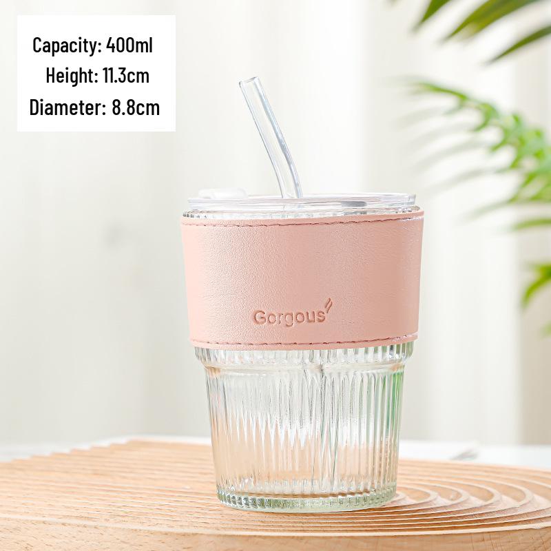 Trendy Large-Capacity Glass Cup with Lid & Straw, Vertical Stripes - Perfect for Cold Drinks, Juice, Coffee, or Water