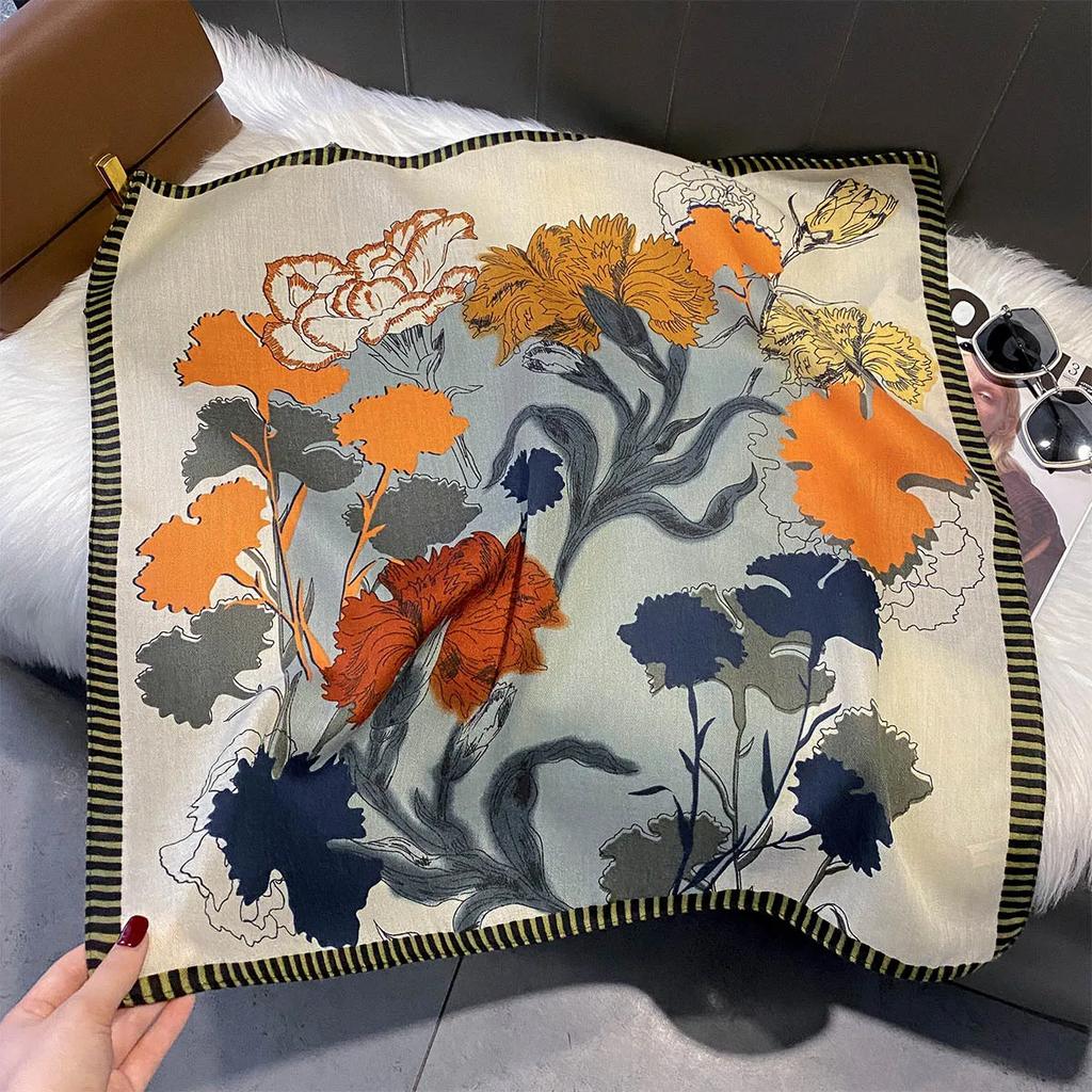 Retro Oil Painting Print Head Scarf for Women Wraps Cotton Feel Hijab Warm Spring Autumn Soft Square Foulard Bandana Neckerchief