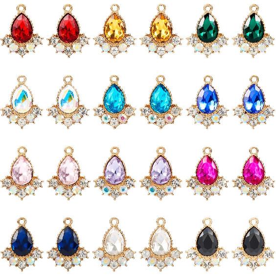 Cheriswelry 24Pcs Faceted Glass Teardrop Alloy Pendants Rhinestone Crystal Water Drop Dangle Charms 12 Colors 20x16x5mm for Necklace Bracelet Earring