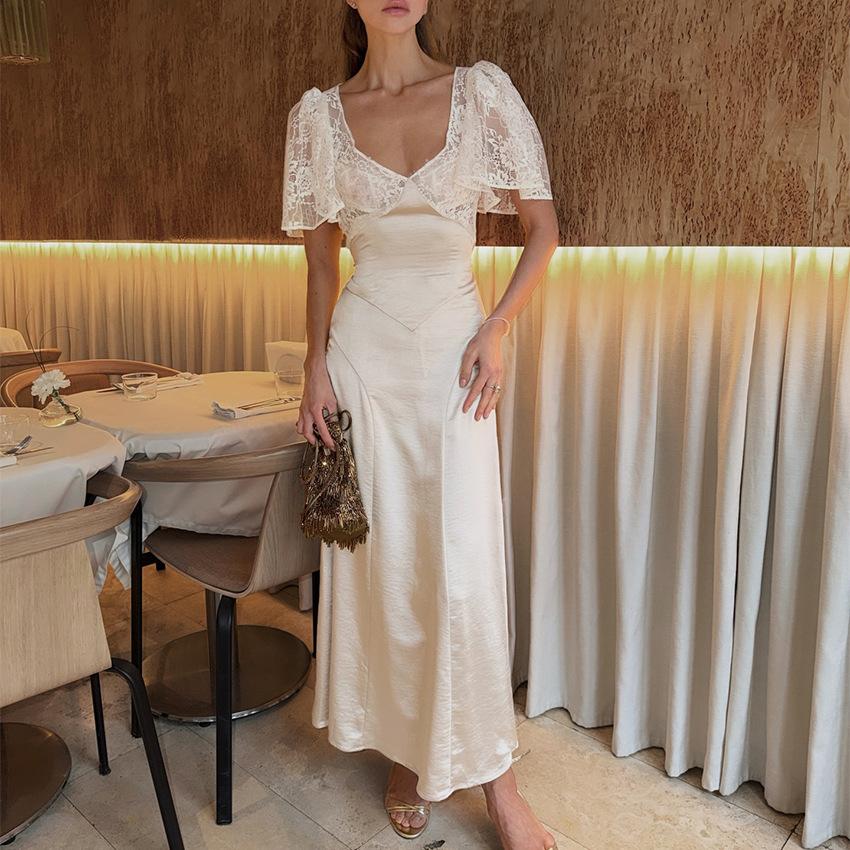 Fashion Versatile Temperament Waist Gentle Dress French Retro Style Lace Long Dress Femininity Elegant Dress Dress