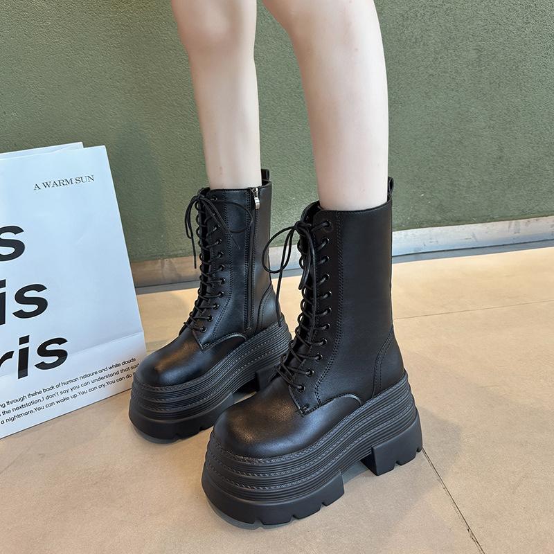 Skinny boots for women's autumn four seasons new 10cm thick-soled heightening muffin knight but knee boots