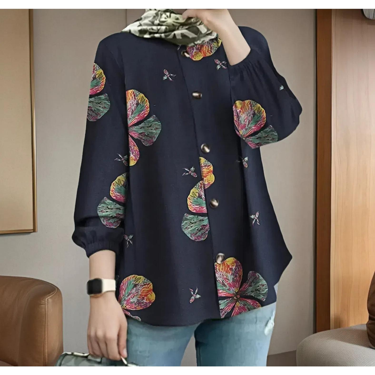 

GMXIA Женская мусульманская рубашка с принтом, модная рубашка с пышными рукавами, повседневная свободная одежда XXXXL темно-синий