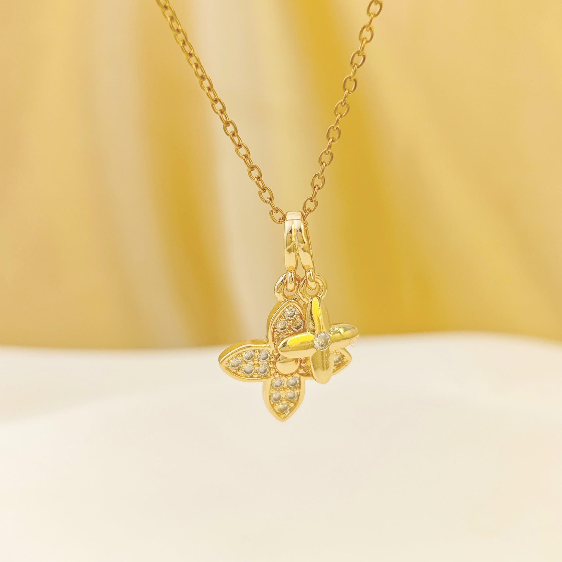 Stylish Micro-Paved Four-Leaf Clover Double-Layer Pendant Necklace in Gold-Plated Titanium Steel for Women