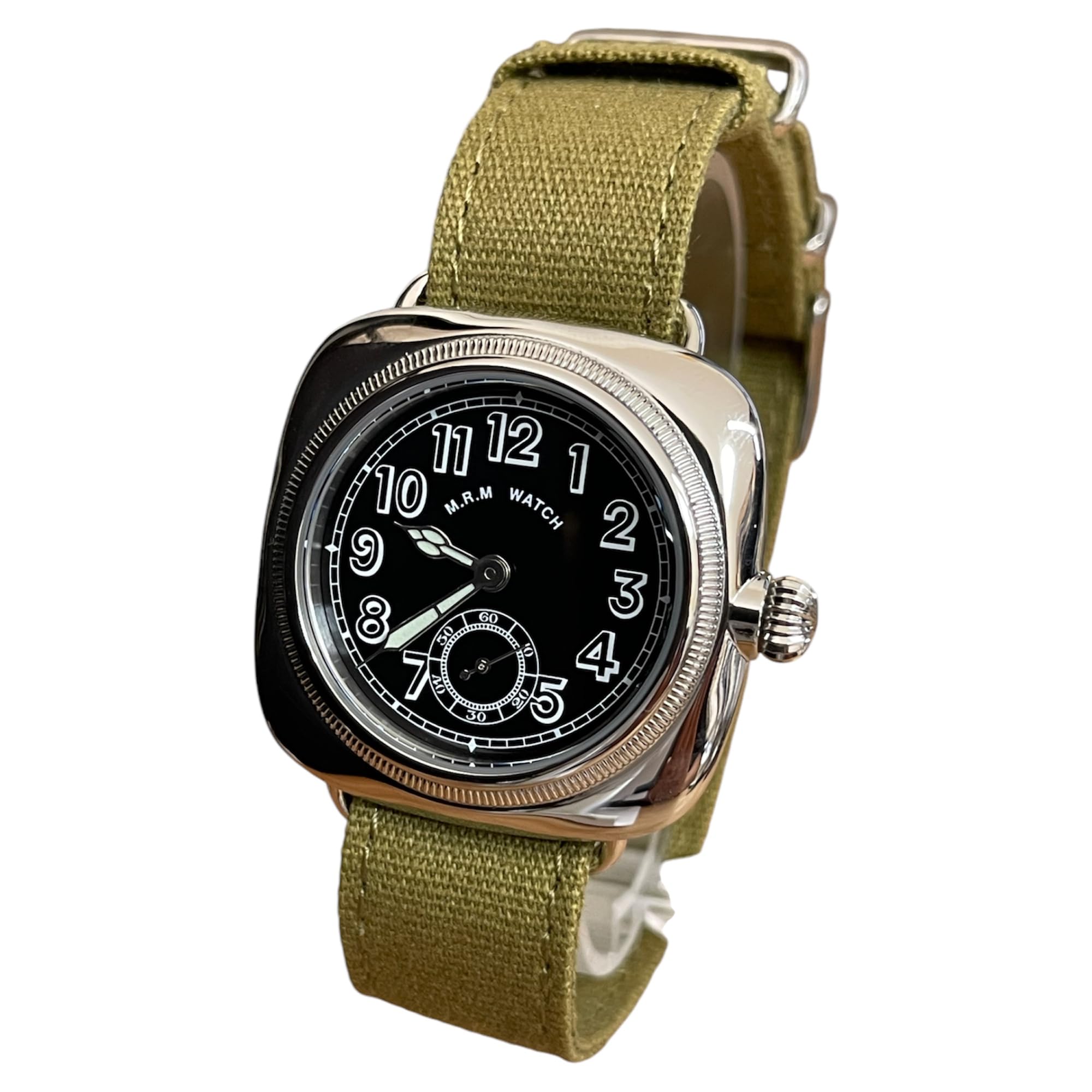 

Military watch Cushion watch Black dial Green cloth strap [M.R.M.W.]
