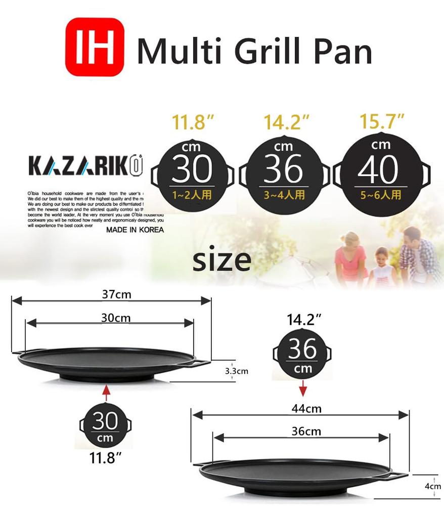 KAZARIKO IH Iron Griddle Round Grill Plate for Direct Korean Large Size with Wooden Handle and Grip Pan, Yakiniku, Samgyeopsal, BBQ, Fire, Home,