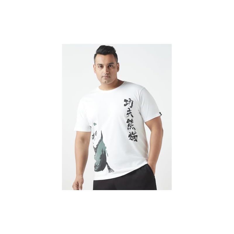 Bewakoof Plus Official Kung Fu Panda Merchandise Men' Graphic Print Regular Fit Half Sleeve Round Neck Cotton Plus