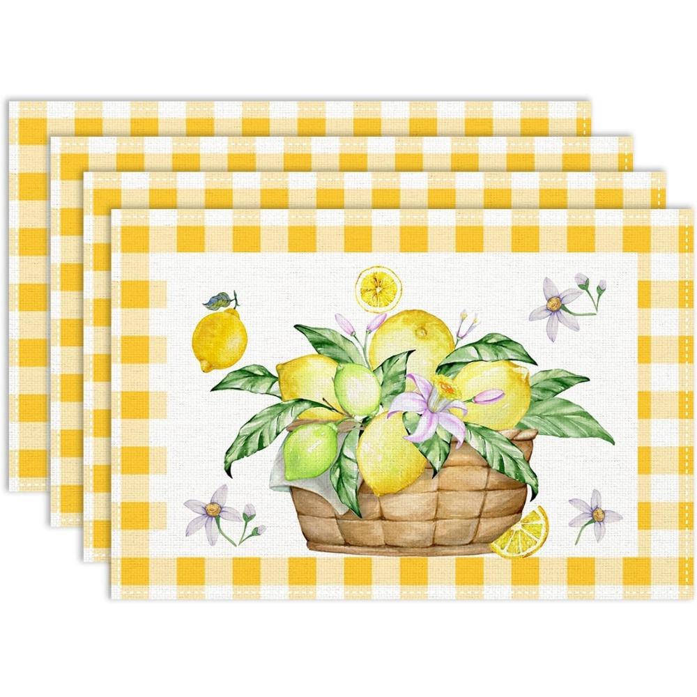 Lemon Tiles Placemat Spring Summer Yellow Lemon Blue Ceramic Leaves Farmhouse Table Mats for Party Kitchen Dining Table